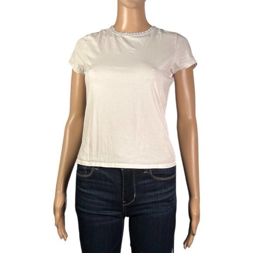 SAKS FIFTH AVENUE Y2K Style Jeweled Neckline Tshirt Size Small - "Isbel"